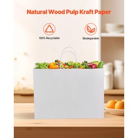 VEVOR Kraft Paper Bags with Handles, 50Pcs 16 x 6 x 12 in, Large Paper Grocery Bags, Reusable & Recycled Take-Out Sacks, Plain Party Bag Bulk for Birthday, Wedding, Business, Goody, White