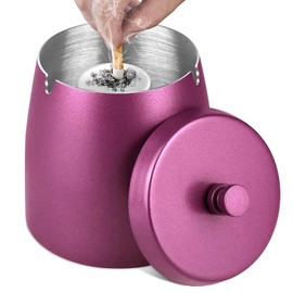 Ashtray with Lid (12 x 10 x 12 cm), Stainless Steel Ashtray for Outdoors, Storm Ashtray as Wind Ashtray, Standing Ashtray with Non-Slip Base for Outdoor and Indoor Use - Rose Red