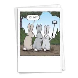 NobleWorks - 1 Humor Birthday Card with Envelope - Funny Cartoons for Birthday Greetings, Celebration Notecard - Bunny Selfies C2750BDG