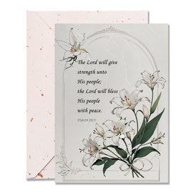 DORADUBO Christian Sympathy Card with Envelope – 5x7 Inch Elegant White Lily Design, Bible Verse from Psalm 29:11 – Religious Condolence Greeting Card for Comfort and Peace