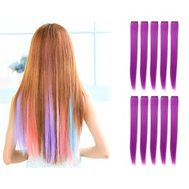 OneDor 23 Inch Colored Party Highlights Straight Hair Clip Extensions. Heat-Resistant Synthetic Hair Extensions in Multiple Colors (10 Pcs Purple)