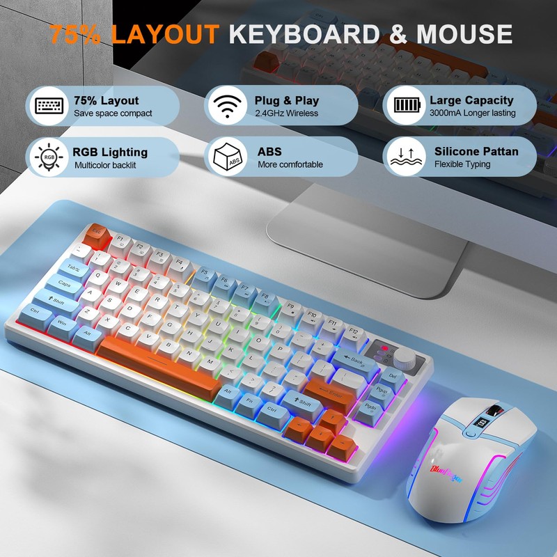 BlueFinger 75% Wireless Gaming Keyboard and Mouse with Smart Display,