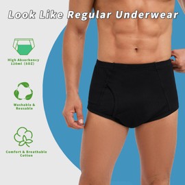 PurityLock Men's Incontinence Underwear Washable - Cotton Leak Proof Briefs with Flying, Complete Front & Rear Leakproof, 150ml Absorbency (Black, 3XL)