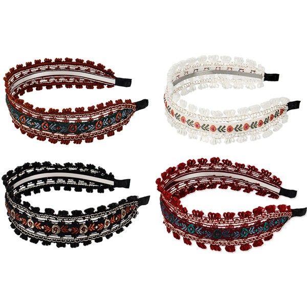 Framendino, 4 Pack Wide Flower Lace Hairbands Headwear Embroidered Floral