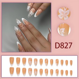 French Tip Press On Nails - Medium Almond, Glossy Butterfly False Nails, 24Pcs