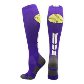 MadSportsStuff Softball Logo Over the Calf Socks (Purple/White/Graphite, Small)