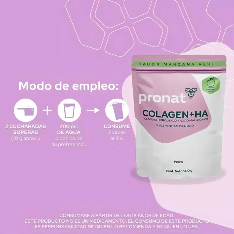 Colágeno Hidrolizado Ácido Hialurónico Pronat 500g Sabor Manzana Verde