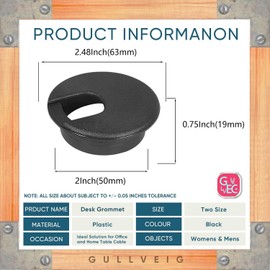 Gullveig 3 Pack Black Desk Grommet Wire Cord Cable Grommets Hole Cover for Office PC Desk Cable Cord Organizer Plastic Cover, 2 Inch (50mm)