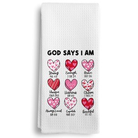 Qeheb Christian Pink Heart Kitchen Towels, Preppy Pink Heart Hand Towel for Bathroom, Coquette Bathroom Decor, Inspirational Quotes God Say I am Decorative Hand Dish Tea Towels for Kitchen 16X24In