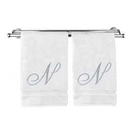 Pretty Monogrammed White Turkish Cotton Bath Hand Towel Set of 2 with Embroidered Silver Script N | 16"x 30" Soft Terry Finish Extra Absorbent Quick Dry Plush Luxury Bathroom Kitchen Spa Bath Towel