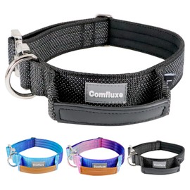 Comfluxe Upgrade Reflective Tactical Military Dog Collar with Leather Handle & Neoprene Padded for Medium Dogs, Wide Thick Heavy Duty Dog Collar with Quick Release Metal Buckle for Training (Black, M)