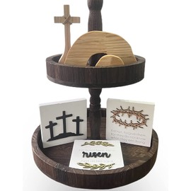 Easter Decor Tiered Tray Bundle He is Risen Resurrection Scene Jesus Tomb Wooden Farmhouse Ornament for Holiday Home Table Decor - Without Tiered Tray (C)