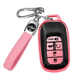 QBUC for Honda Key fob Cover with Leather Keychain Soft TPU Key Shell Case Fits for Honda Accord Civic HR-V CR-V Pilot (pink)