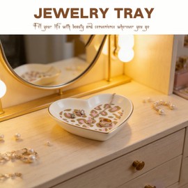 KDUPUP Heart Jewelry Dish Tray Wedding Ring Dish Ceramic Trinket Plate Trays Key Bowl Earring Dish Holder Small Dessert Tray Home Decor Dishs Jewelry Organizer Pink Leopard