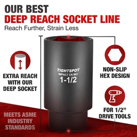 TIGHTSPOT 1/2 Inch Drive - 1 1/2 Inch Deep Impact Socket with Anti-Rounding 6 Point Design, Heat-Treated CRMO Steel