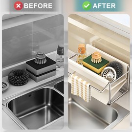 EOFJRUC Stainless Steel Kitchen Sink Sponge Rack - Self-Draining & Rust-Proof Storage for Dish Sponge, with Dish Cloth Rack - Multifunctional Organizer for Bathroom Soap Dispenser（White）