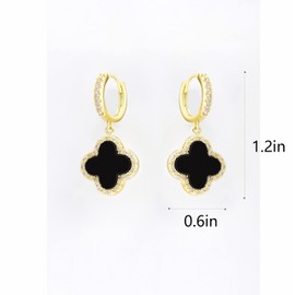 XUDEJUN 18K Gold Plated Gem Hoop Earrings Clover Designs with Crystal Charms Crystal Natural Gemstone Dangle Earrings for Women (Onyx Black)…