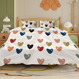 Gohytal Bed Linen with Hearts, Set of 2, 135 x 200 cm, White with Colourful Hearts Duvet Cover Bedding and Pillowcase 80 x 80 cm, Microfibre Bedding Set, Gift Bed Linen Hearts for Girls Children
