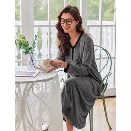 Ekouaer Women's Long Sleeve Nightgown Long Sleepshirts Henley Sleep Dress Full Length Sleepwear S-4XL