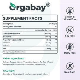 Orgabay Liposomal Quercetin Phytosome 1600 mg,Bromelain 200mg,Zinc 30mg,Vitamin C Turmeric 40 mg,Highest Absorption,Quercetin Complex, 360 Softgels