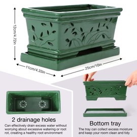 Tbpro Large Rectangle Terracotta Orchid Pots with Holes Green 12 * 6.3 * 5.3 Inch Clay Orchid Planter Pots with Saucer for Repotting Plant Pots Orchid Indoor Outdoor Promotes Air Circulation