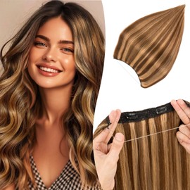 TESS Human Hair Extensions Adjustable Invisible Transparent Wire with 2 Secure Clips Natural Real Straight Hair for Women UK 65g 18 inch #4P27 Medium brown＆Dark blonde