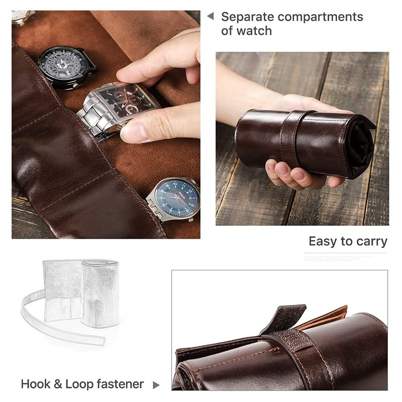 CONTACT'S FAMILY for 6 Watch Roll Strap Leather Portable Travel