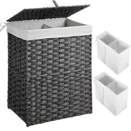 Greenstell Laundry Hamper with 2 Removable Liner Bags - 90L Divided Clothes Hamper, Handwoven Synthetic Rattan Foldable Laundry Basket with Lid and Handles Gray (18.3x13.3x24.0Inches)