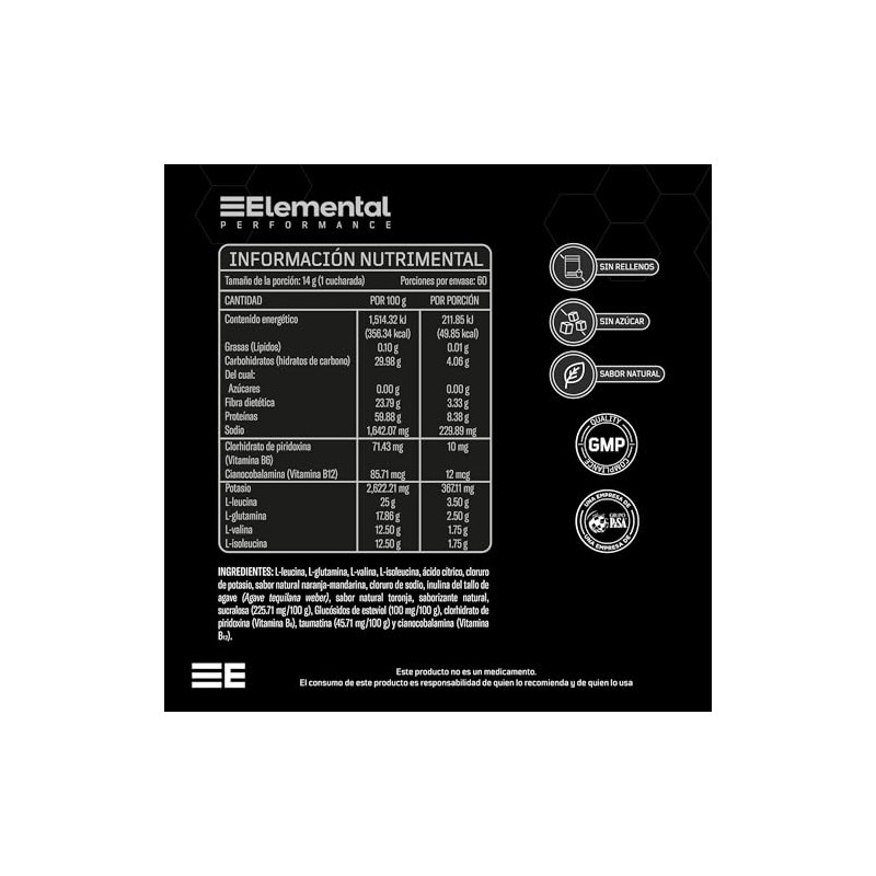 ELEMENTAL BCAA + Glutamina 420g 30 Porciones Sin Azúcar Cítricos