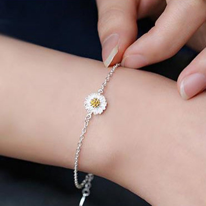K.L.Y Women's Bracelet, Small Daisy, 925 Silver, Simple Bracelet, Cute,