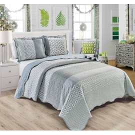 Grand Linen 3-Piece Queen Size Wave Edged Oversized Quilt Set 100 inch X 106 inch All Seasons Large Bedspread, Pillow Shams Lightweight Coverlet Soft Green Grey Colors Bed Cover Geometric Pattern