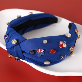 Gmmidea 4th of July Headband Rhinestone Flag Knotted Headbands for Women Red White Blue Butterflies USA Charm Embellished Headband Fourth of July Patriotic Hair Accessories B-Blue