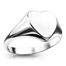 Bungsa® Women's Silver Signet Ring Flat Heart 316L Stainless Steel, Stainless Steel, No Gemstone