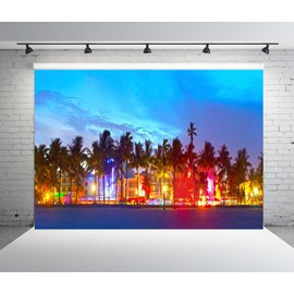 CORFOTO 9x6ft Fabric Seaside Sunset Backdrop Miami Tropical Palm Tree Beach Ocean Street Scenery Background for Wedding Travel Summer Party Decor Baby Birthday Girls Portrait Photo Studio Props