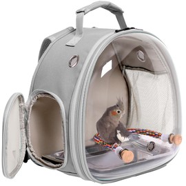 Small Bird Travel Backpack Carrier Cage, Backpack to Transport Backpack Carrier with Metal Tray Rope Stand Perch for Parakeet Cockatiel Budgies Vet Carry Book Bag (Grey)