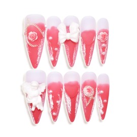 Handmade Press On Nails with White Embossed Angel Nail Charms Long Stiletto Ballerina 3D Accessories Rose Acrylic Fake Tip Design 10 Pcs, Size Medium