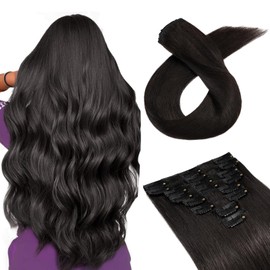 SEGO Clip in Hair Extensions Seamless Clip in Human Hair Extensions Weft Clip in Hair Extensions 14 Inchs #1B Natural black 8 Pieces 60g