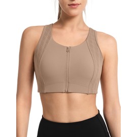 Yvette Sports Bra Strong Hold with Front Closure Racer Back Gym Running Bra, brown, L