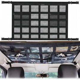 Car Ceiling Cargo Net Pocket with Two Zipper Pockets, Adjustable Double-Layer Car Roof Cargo Net Mesh Bag, 90 x 65cm Mesh Car Roof Storage Organizer Cargo Net Bag for Truck SUV Van Travel