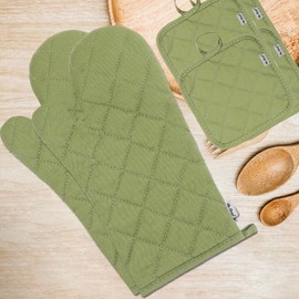 Win Change Oven Mitts and Pot Holders Sets,6 Pcs Oven Mitts and Potholders with Recycled Cotton High Heat Resistant Extra Thick Long Oven Mitts for Cooking(Green)