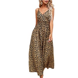 Spevert Womens Summer Maxi Dress Sleeveless Leopard Print Spaghetti Strap Casual V Neck Ruffle A Line Boho Beach Long Dress (US, Alpha, Small, Regular, Regular, Brown)
