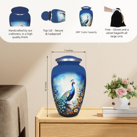 M MEILINXU Urn for Ashes Adult Male & Women, Cremation Urns for Human Ashes Adult Man & Female, Funeral Memorial Urn with Blue Peacock Design, Decorative or Burial Urns, Colorful Flowers - Large Size