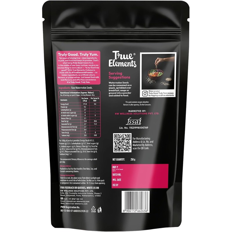 True Elements- Semillas de sandía Tyzek 250 g: ricas en