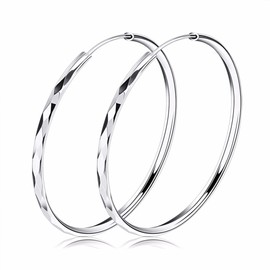 Josfeva Silver Hoop Earrings for Women, 925 Sterling Silver Twist Hoops Earrings, 50mm Hypoallergenic Large Round Circle Huggie Big Hinged Hoop Earrings With White Gold Plated, Gift for Women Girls