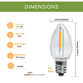 Bombillas LED C7 de ahorro de energía, E12 con base de candelabro pequeña para interiores y exteriores, luces transparentes, equivalentes a 7 W, luz nocturna blanca cálida, paquete de 25 unidades