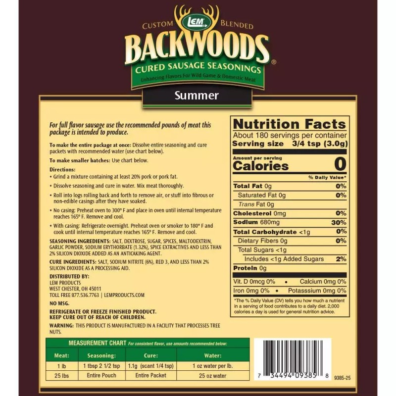 LEM Backwoods Cured Sausage Seasoning 19 Ounce Cures 25 Pounds