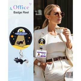 Plifal Badge Reel Holder Clip - Funny UFO Alien Black Cat Retractable ID Name Card Badge Reel with Charm Alligator Clip, Office Nurse Nursing Medical Worker Student Accessories Gifts