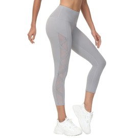 romansong Women's Mesh Tummy Control Butt Lifting Leggings Skinny High Waist Running Yoga Leggings Capri with Pocket(Light Gray,Medium)