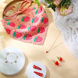 Tondiamo 6 Pcs Strawberry Accessories Set Strawberry Crochet Hair Bandana Necklace Earrings Bracelet Hair Clips for Women Girl Gifts(Pink)