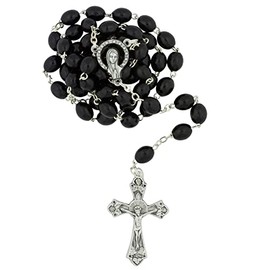 Classic Rosary with Oval Hail Mary Beads and Silver-Tone Crucifix and Medal | Great Catholic Gift for Reconciliation, First Holy Communion, and Confirmation (Black)